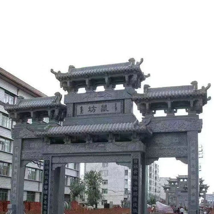 农村村口景点青石石牌坊制作 户外广场大型五门石雕牌楼定制